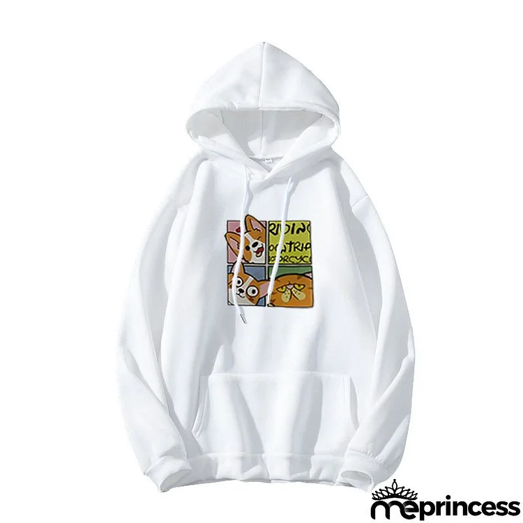 Loose Plus Size Cartoon Dog Print Hooded Sweatshirt