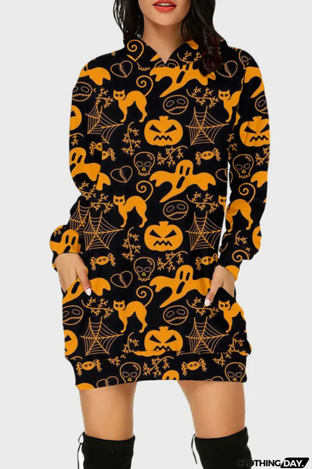 Black Street Print Split Joint Hooded Collar Long Sleeve Dresses