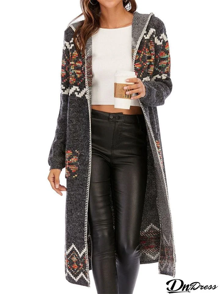 Retro Hooded Geometric Pattern Boho Style Women's Long Knitted Cardigan