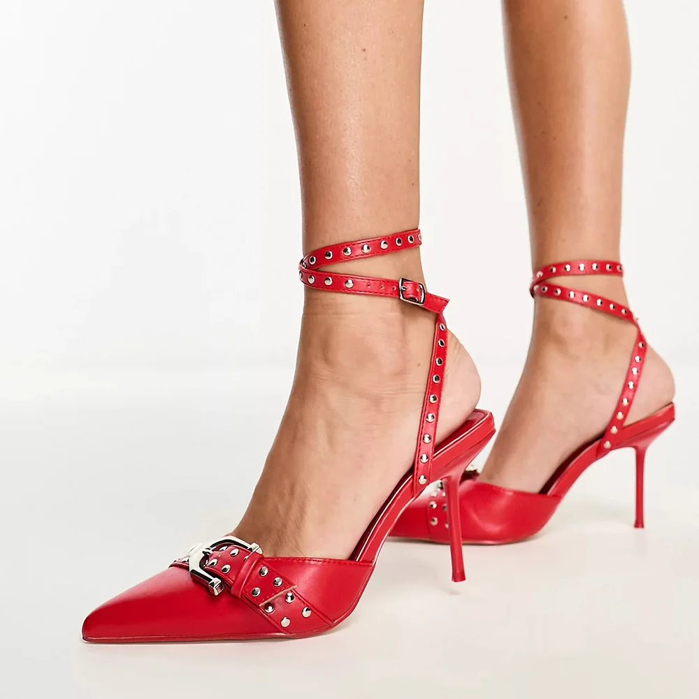 Red  Closed Pointed Toe Studded Pumps With Stiletto Heels Nicepairs