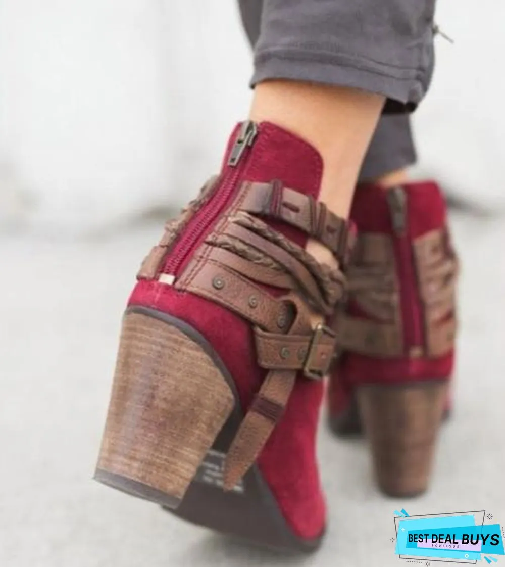 Women Boots Chunky Heels Winter Shoes Woman Suede Leather Snow Ankle Boots