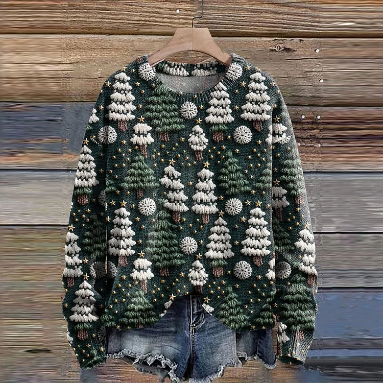 VChics Vintage Christmas Tree Print Knit Pullover Sweater