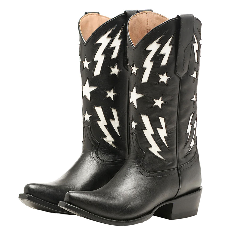 Snip Toe lightning and Stars Inlay Mid-Calf Cowgirl Boots in Black