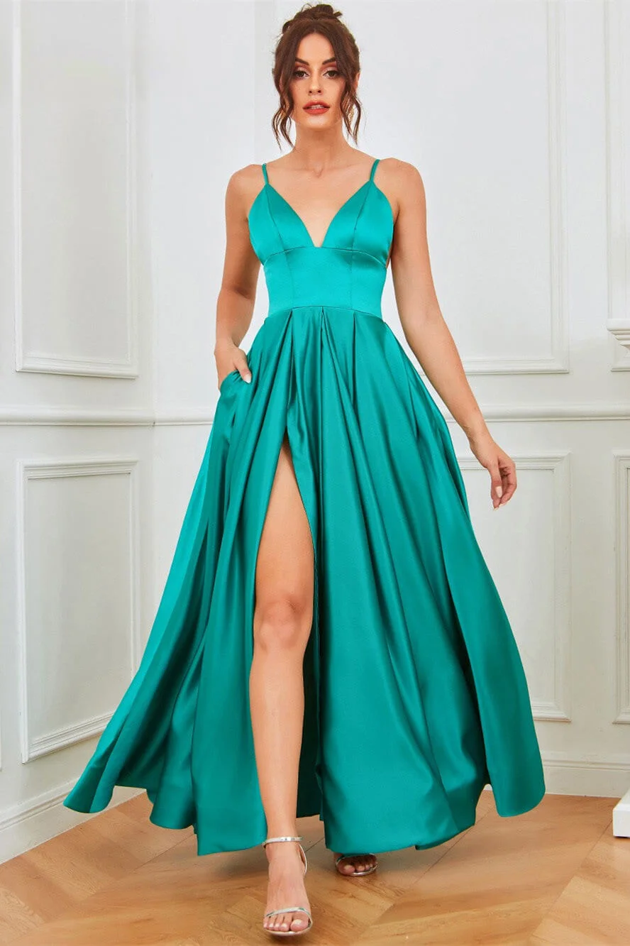 Bellasprom Spaghetti-Straps Sleeveless Prom Dress Long Slit With Pockets