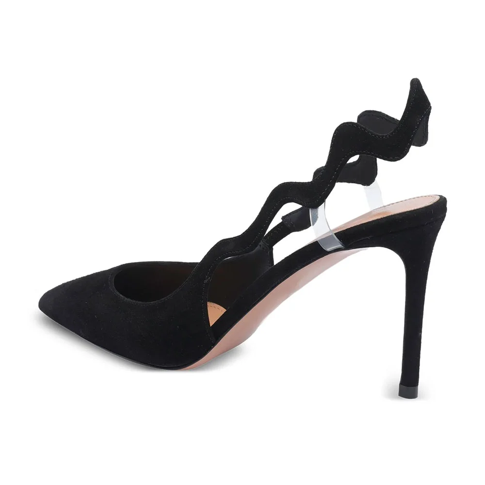 Pointed Toe Stiletto Heel Wave Slingback Strap Cut Out Black Pumps