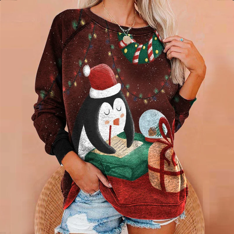 Cartoon Penguin Printed Christmas Graphic Sweatshirt