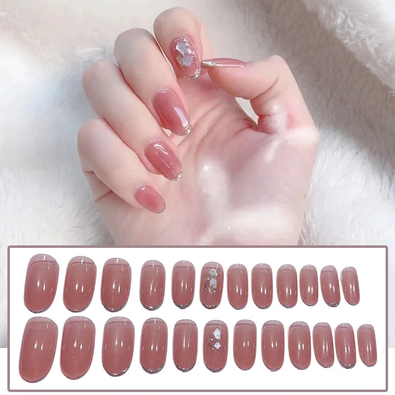 24Pcs/box Full Cover Short round press on nails Pink Dripping Shape Heart Bride nail tips Wearable Fake Nail with Glue for girls-Nail Inspo