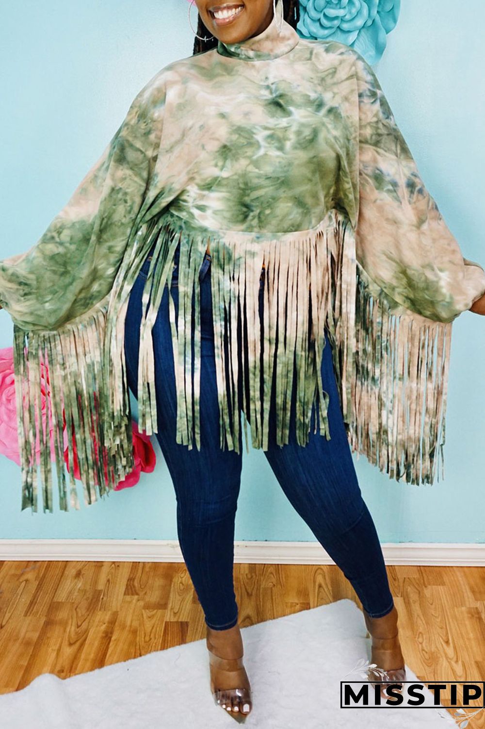 Rose Red Casual Print Tie Dye Tassel Patchwork Turtleneck Tops