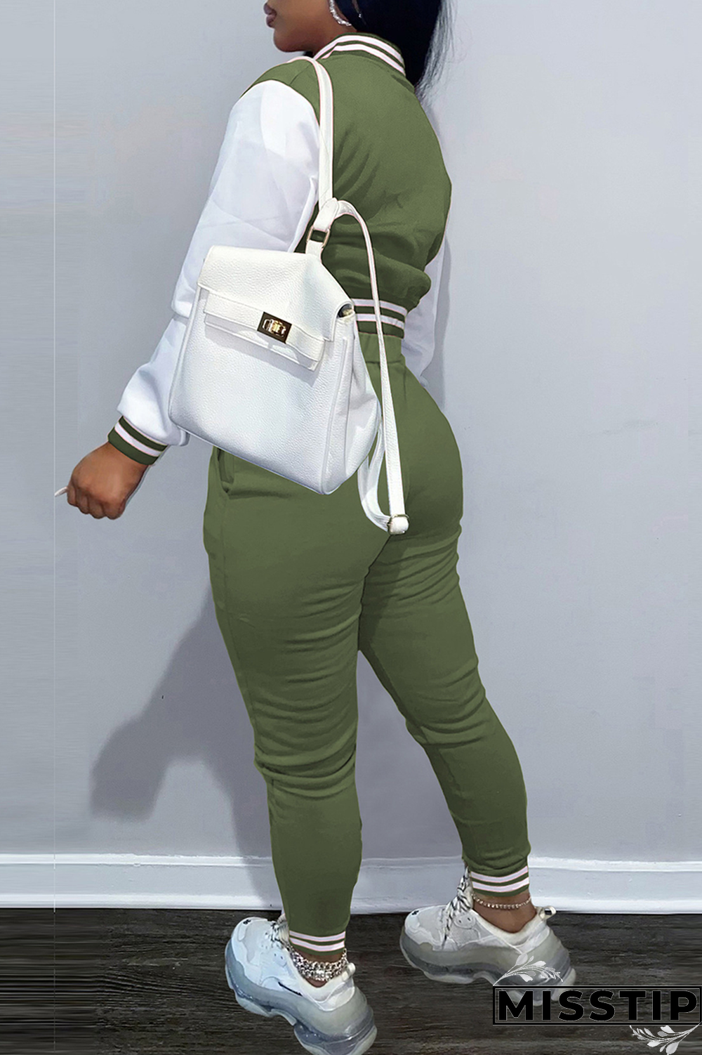 Army Green Street Print Buckle Cardigan Collar Long Sleeve Two Pieces