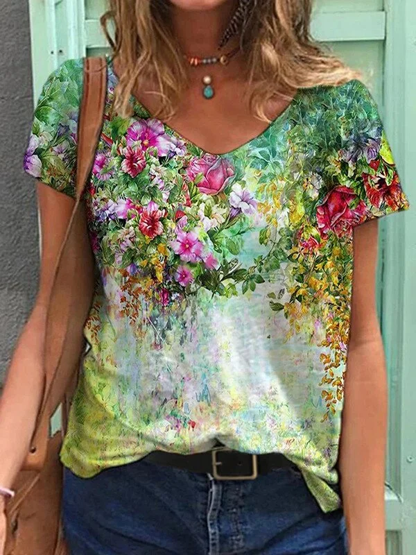 Ladies V-neck small floral gradient short-sleeved T-shirt