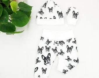 Pornhint French Bulldog Print Newborn Baby Hat Leggings And Mittens Set, Organic Cotton Unisex Baby Clothes, New Baby Coming Home Hospital Outfit