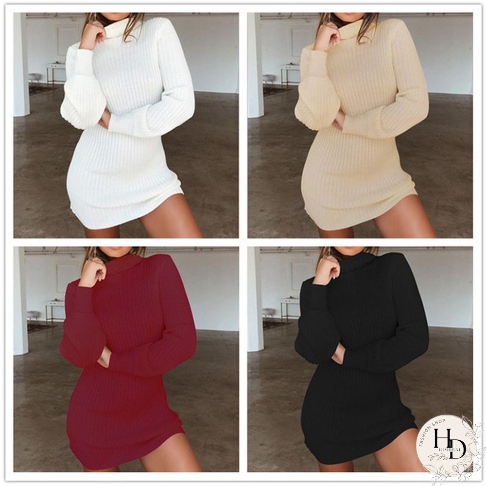 Women Autumn and Winter Long Sleeve Knitted Sweater Dress Ladies Fashion Keep Warm Knitting High Collar Slim Fit Bottoming Mini Knitting Dress