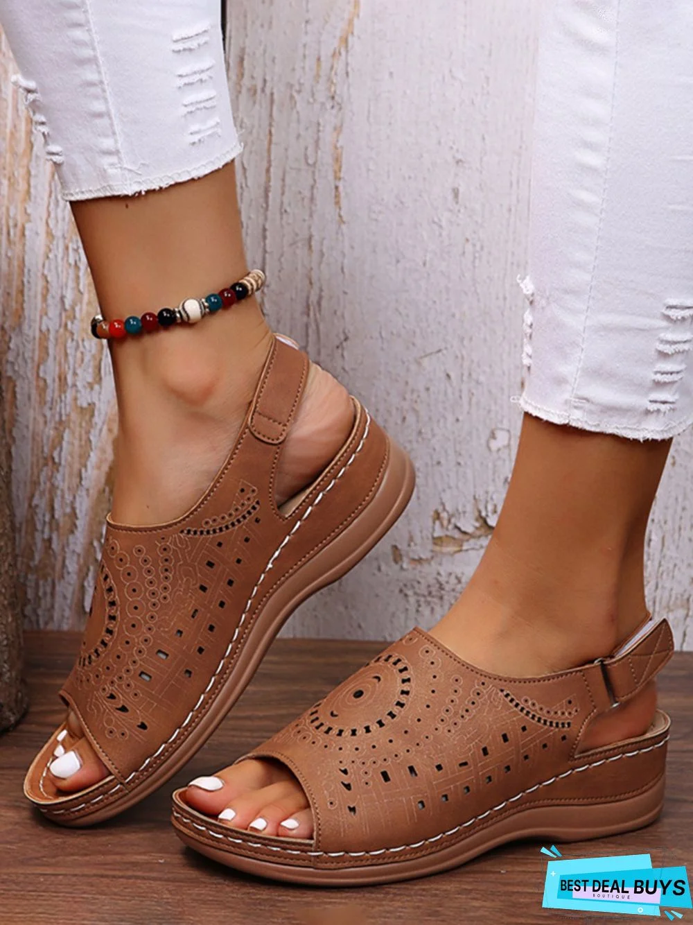 Ethnic Pattern Punched Hollow Velcro Vintage Sandals