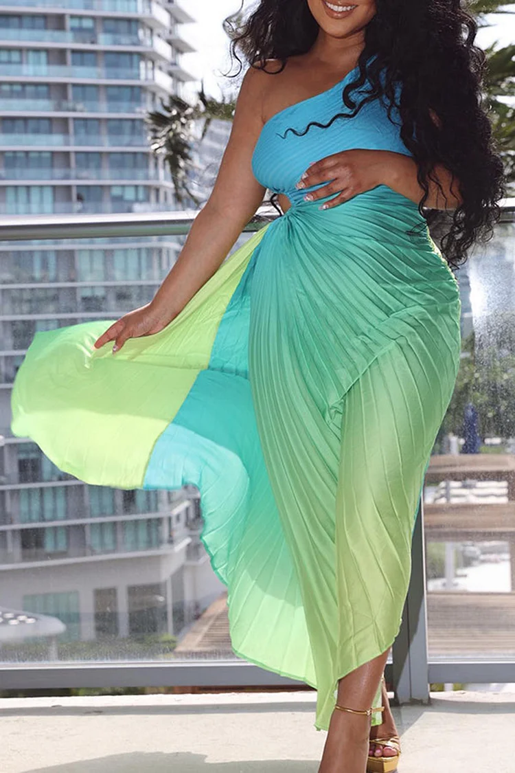 Plus Size Blue Vacation One Shoulder Sleeveless Pleated Gradient Midi Dresses 