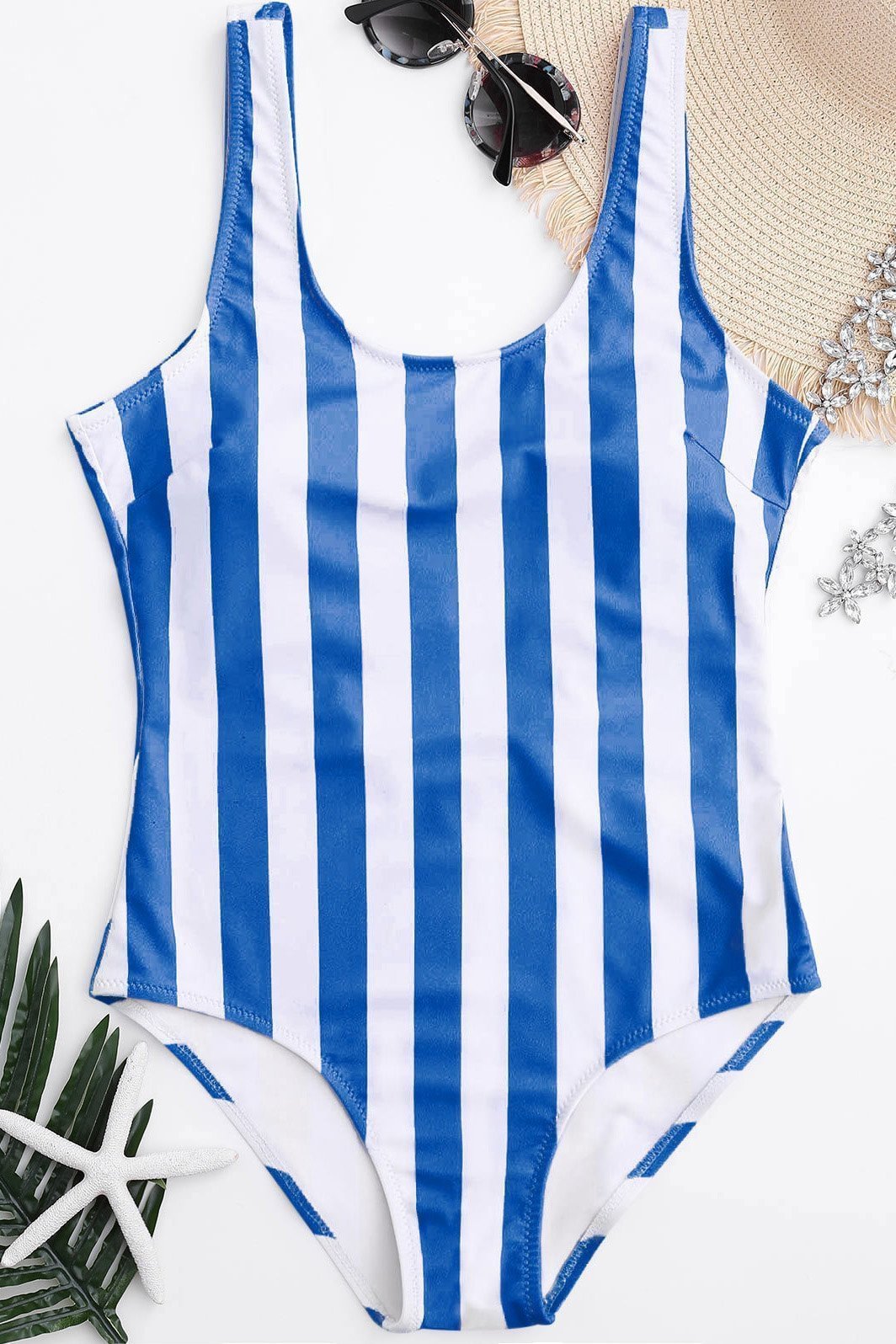 Blue Stripe Low Back Cute One Piece Swimsuit-elleschic