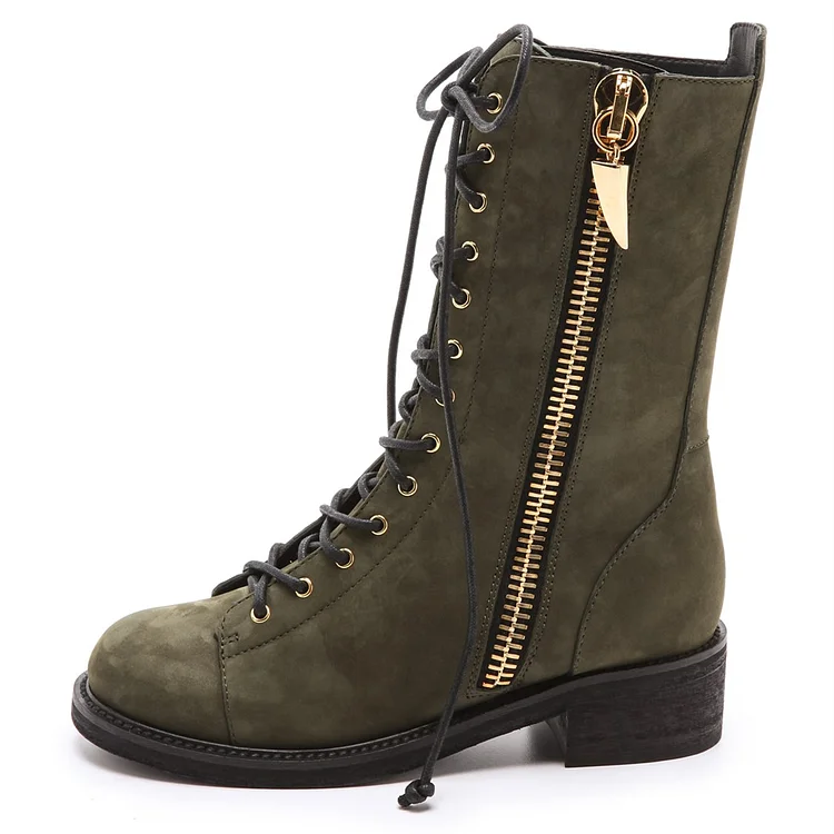 Olive Combat Boots Lace Up Round Toe Ankle Boots by FSJ |FSJ Shoes