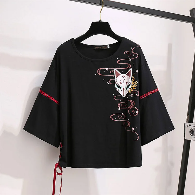 【50% OFF】Vintage Sakura Fox Print Lace Up T-Shirt Wide Leg Pants - Modakawa Modakawa