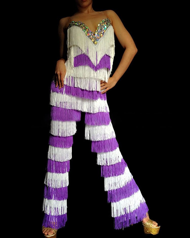 Purple White Fringe Camisole Trousers Set