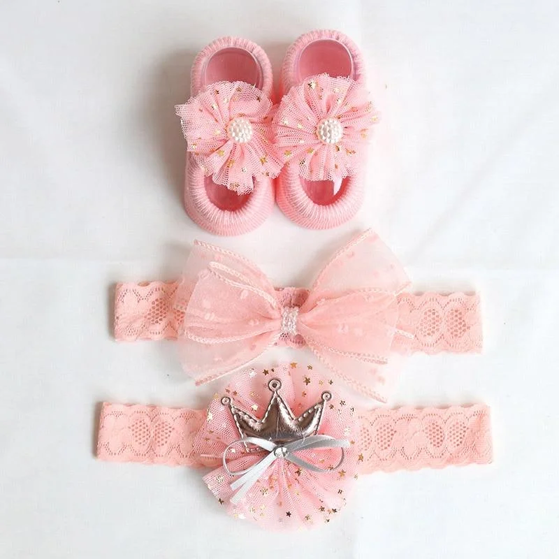 3Pcs/Set Lace Flower Baby Girl Headband Socks Set Crown Bows Newborn Hairband Headbands For Girls Turban Baby Hair Accessories