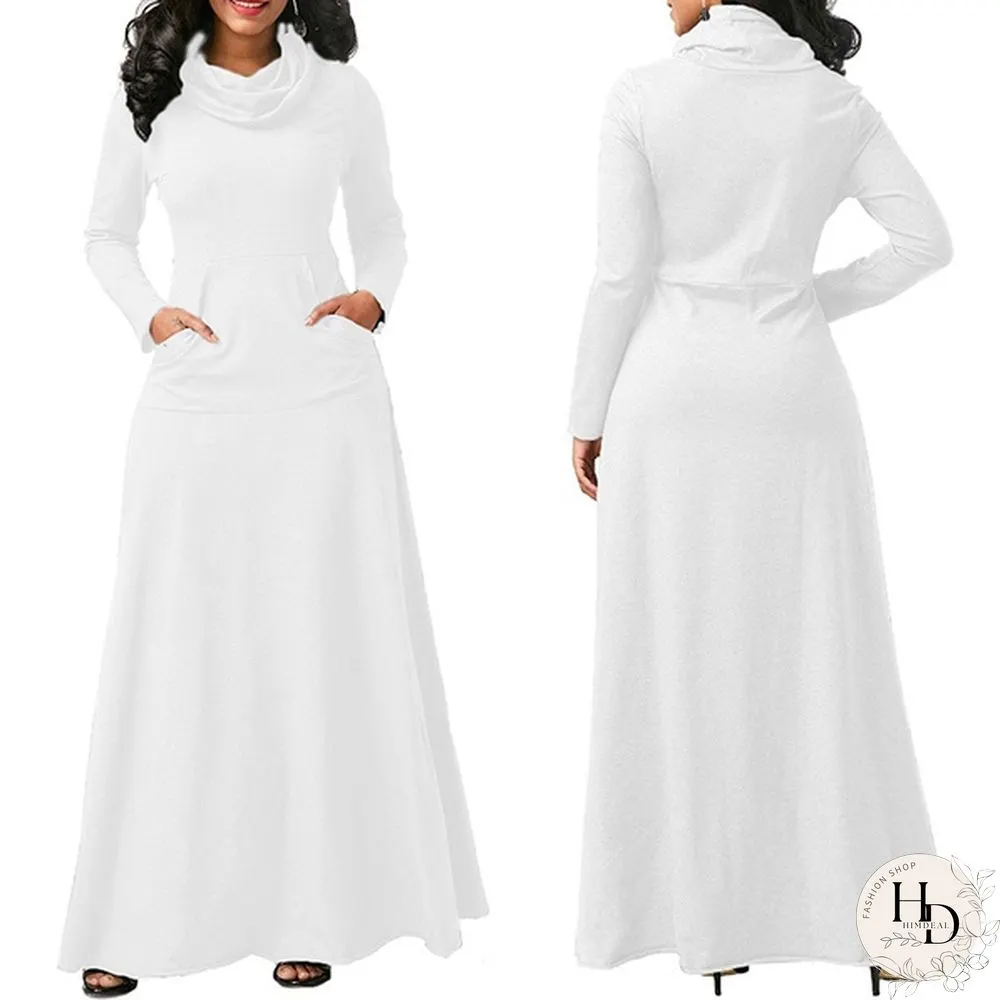 Autumn & Winter Womens Long Sleeve Dress-Pure Colors-Loose Maxi Casual Plus Size S-5Xl
