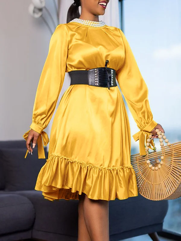 Belted Falbala Pleated Ruffled Tied A-Line Long Sleeves Round-Neck Midi Dresses