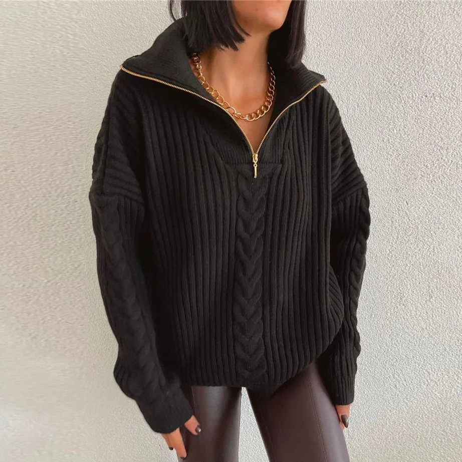 Polo Neck Twist Sweater Loose Casual Zipper Sweater