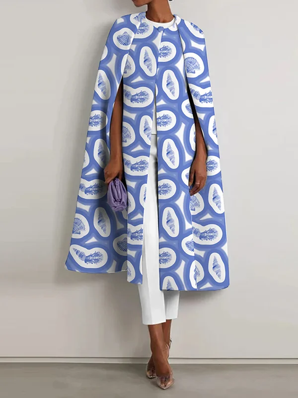 Cap Sleeve Loose Buttoned Printed Split-Front Split-Joint Round-Neck Cape Outerwear