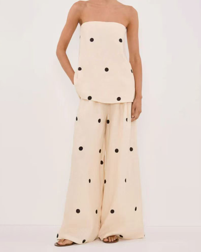 Polka Dot Strapless Top & Wide Leg Pants Set