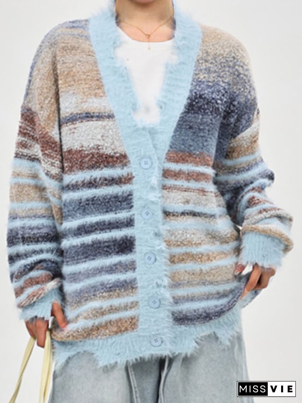 Women's Fall Winter Fashion Slouchy Stripe Button Front Sweater Coats