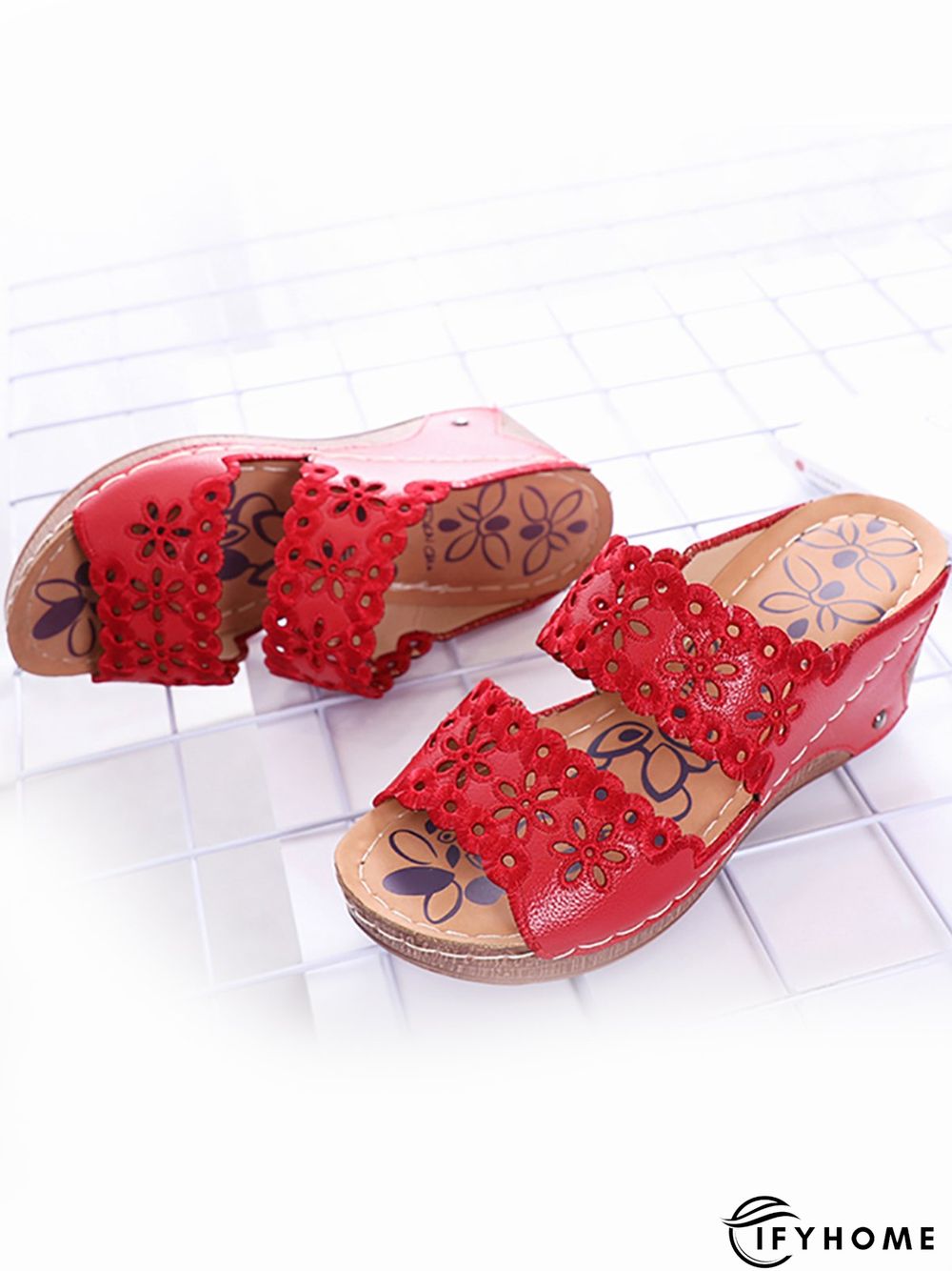 Embroidered Cutout Platform Wedge Slipper Sandals | IFYHOME