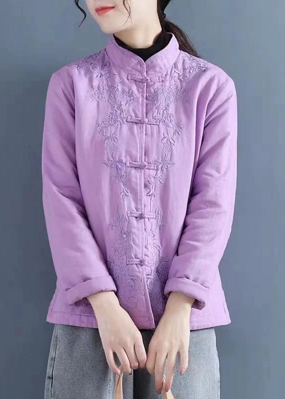 VCSHOES Purple Embroidered Button Cotton Filled Coat Winter