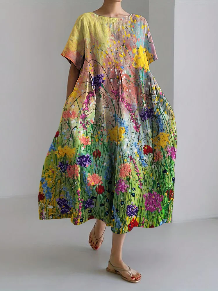 Wild Flowers Oil Painting Linen Blend Maxi Dress