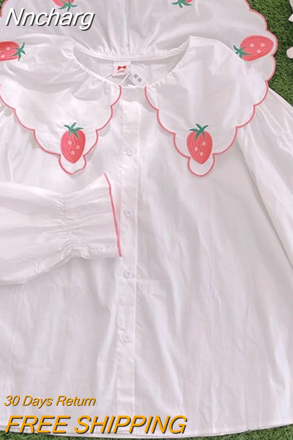 Nncharge Kawaii Sweet Shirts Long Sleeve Chemises Femme Strawberry Embroidery Loose Women Chic Camisas Y2k Preppy Style