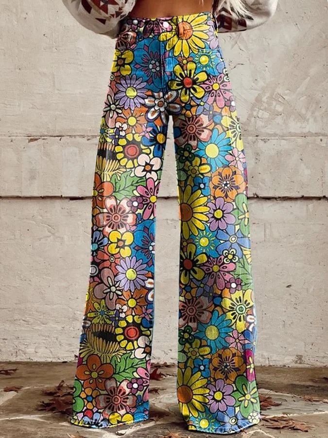 Women's Vintage Botanical Floral Wide Leg Pants