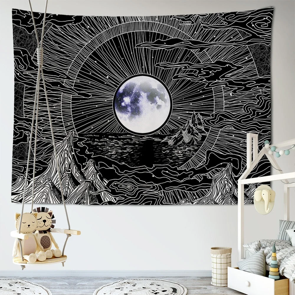 Black and White Moon Mandala Bohemian Decoration Wall Hanging Bedroom Psychedelic Scene Starlight Art Home Decoration tapestry