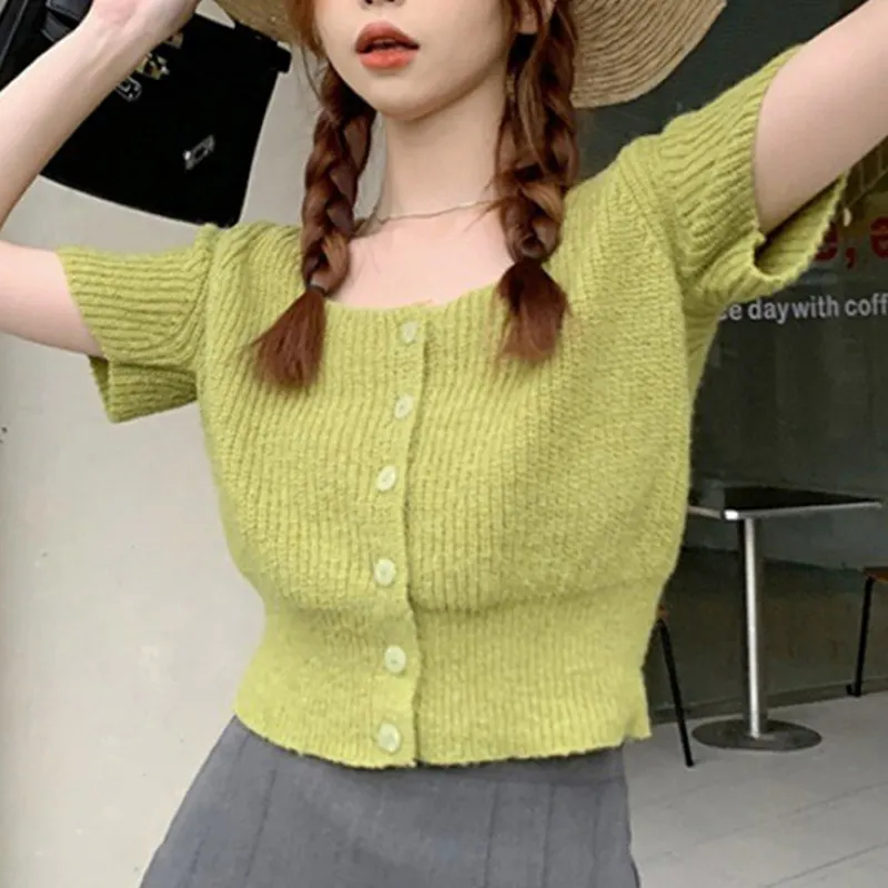Churchf Churchf Spring And Summer New Korean Version Short Short Sleeve Jacket Female Small U Collar South Korea East Gate Thin Knit Cardigan
