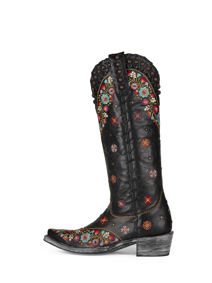 Black Studded Knee-High Cowgirl Boots with Colorful Floral Embroidery Nicepairs