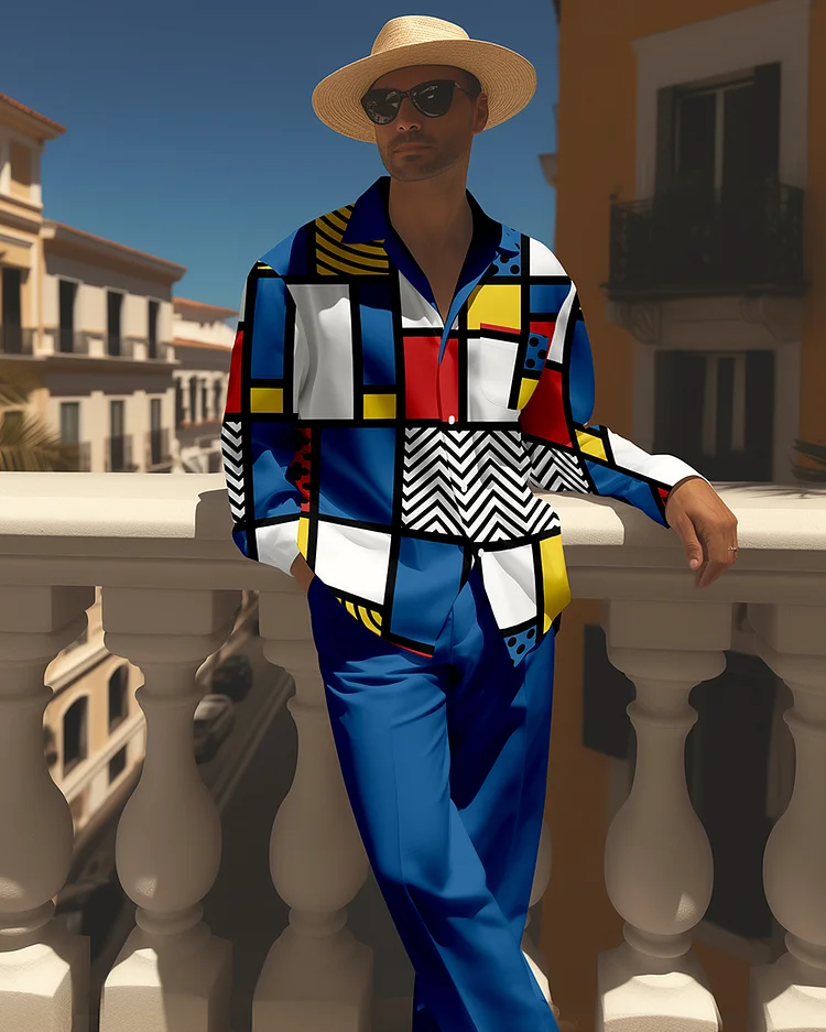 Men's Retro Printed Long Sleeve Shirt Walking Suit 1506