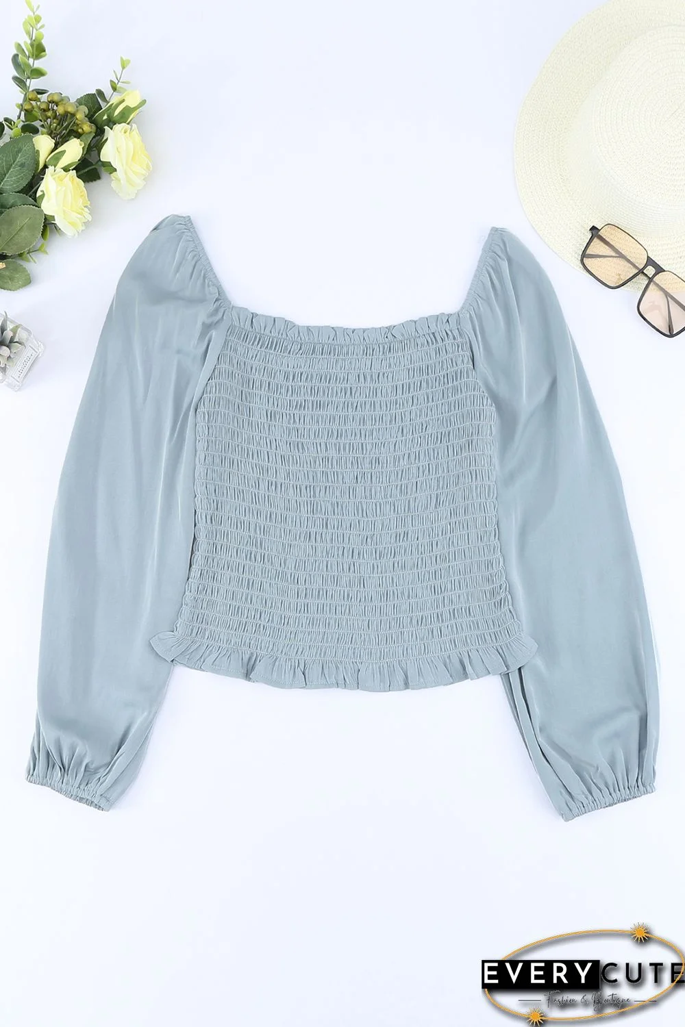 Sky Blue Puff Sleeve Smocked Top