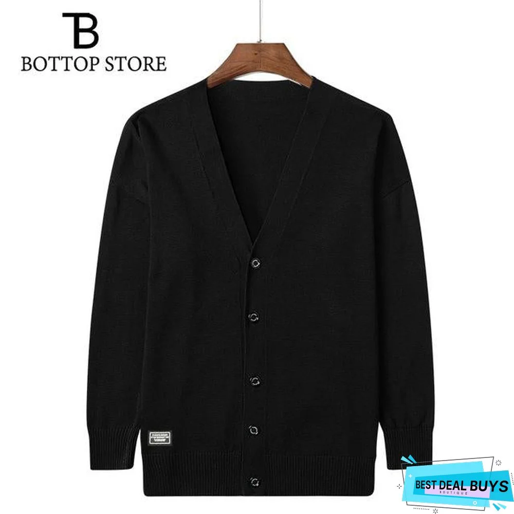 Mens V-Neck Sweater Casual Solid Color Sweater Plus Size Cardigan Tops