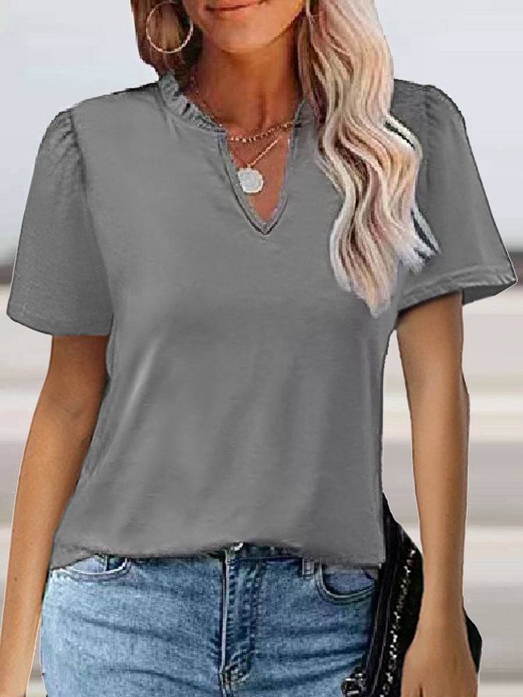 V-neck Casual Loose Solid Color Short-sleeved T-shirt socialshop