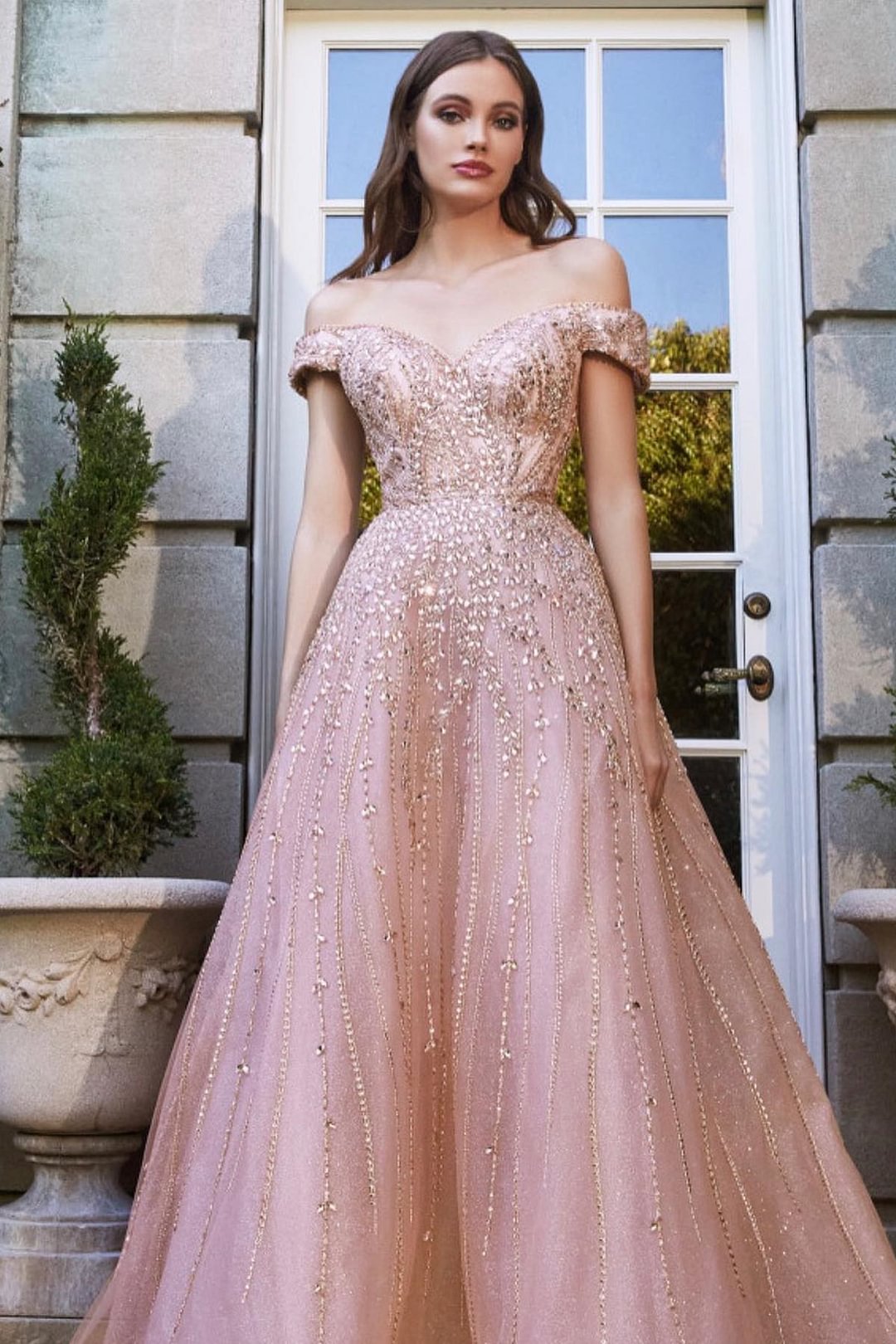 Pink Off-The-Shoulder Sweetheart Tulle Prom Dress With Sequins Beads |Ballbellas Ballbellas