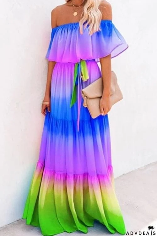 Gradient Off Shoulder Belted Maxi Dress