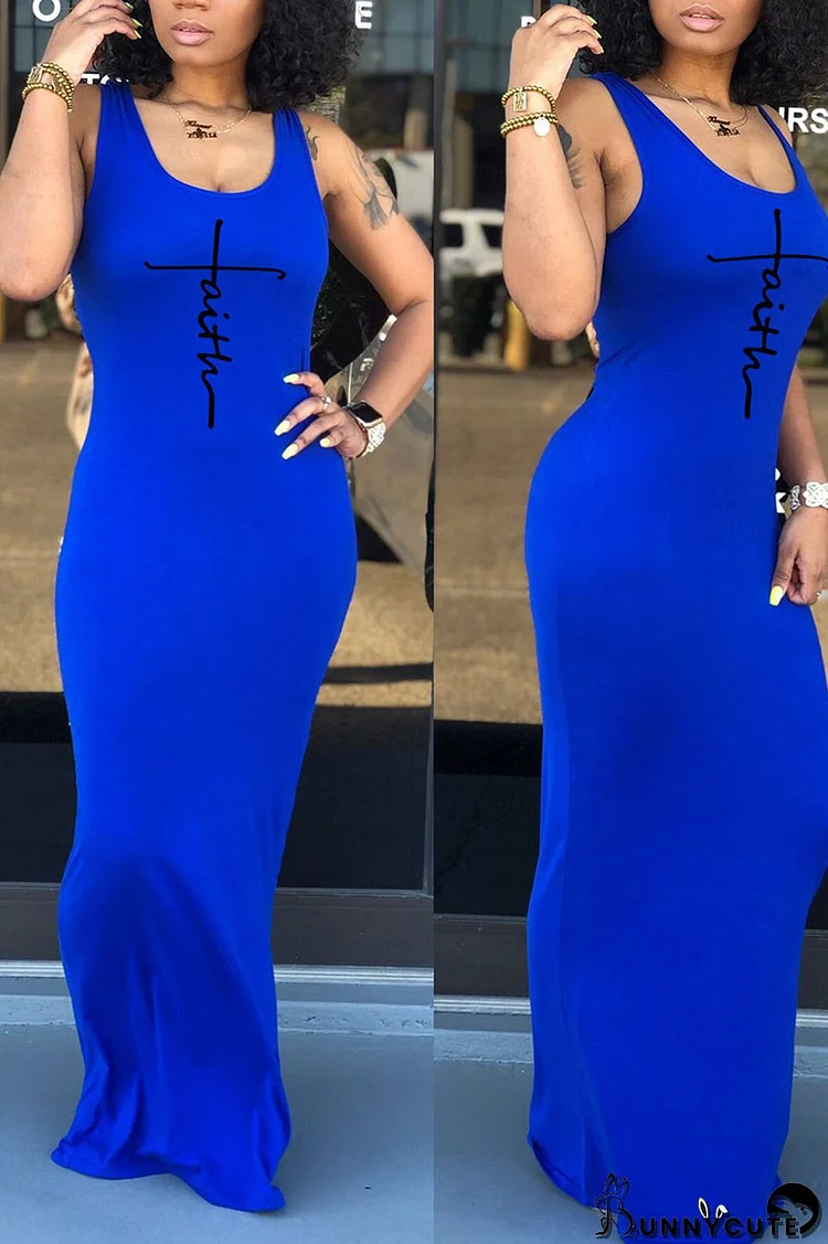 Blue Casual Print Split Joint U Neck Straight Dresses