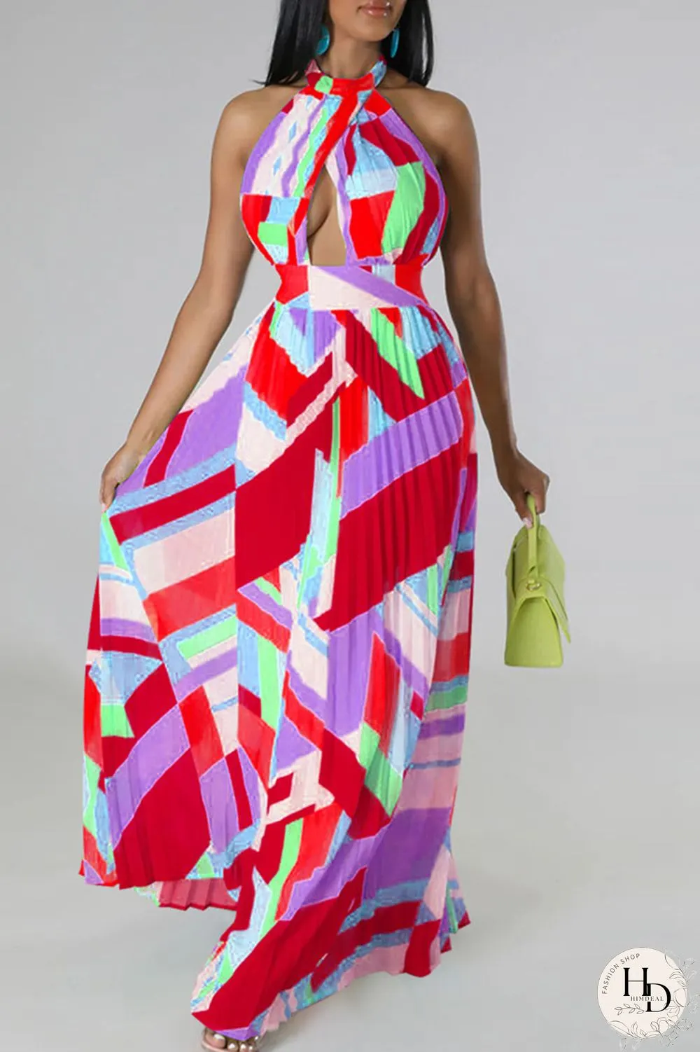 Black Sexy Print Patchwork Backless Fold Halter A Line Dresses