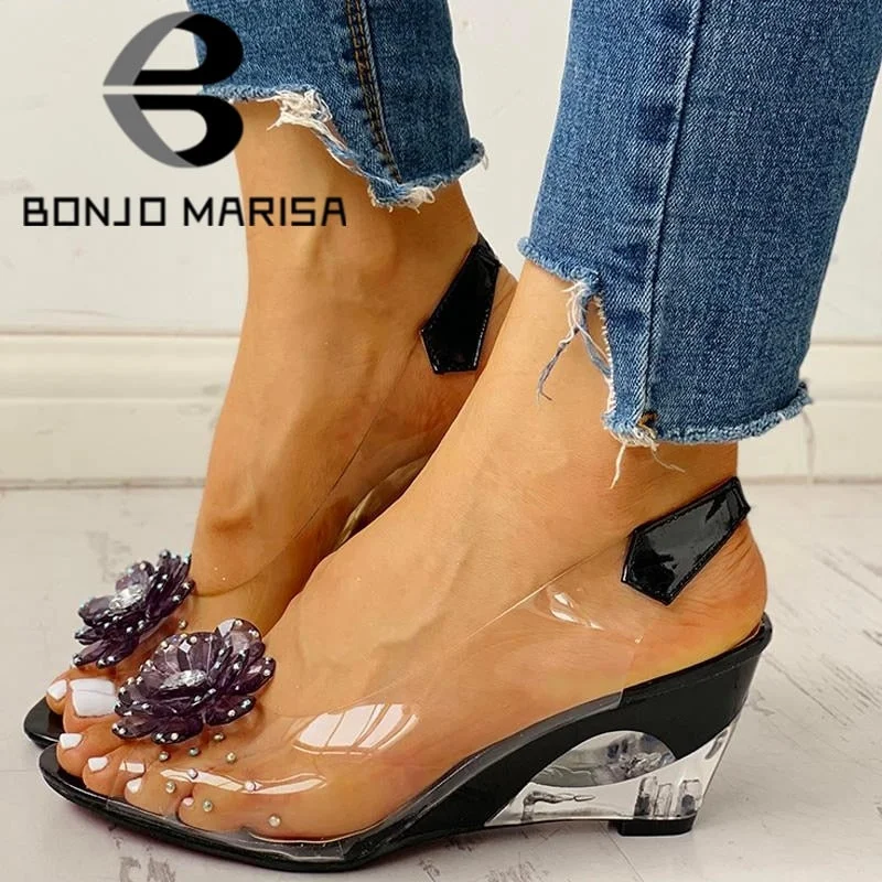 BONJOMARISA Large Size 34-43 Hot Sale INS Hot Transparent Flat Sandals Shoes Woman Elegant Flowers Wedges Sandals Women