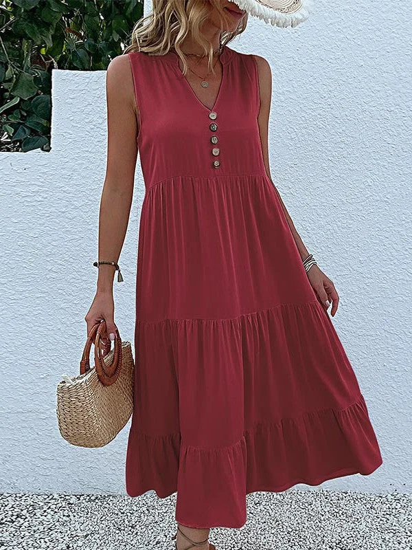 Women plus size clothing Women's Summer Sleeveless V-neck Solid Color Loose Casual Dress-Nordswear