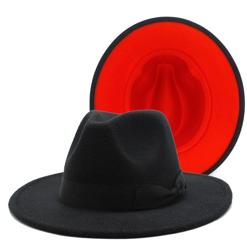 Fashion Red And Black Color Matching Hat Bow Accessories Jazz Hat Woolen Hat