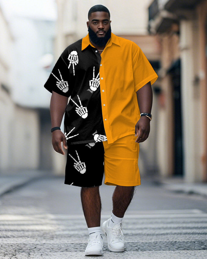 Men's Plus Size Street Fashion Black And Yellow Colorblock Skull Gesture Printed Shirt Shorts Suit
