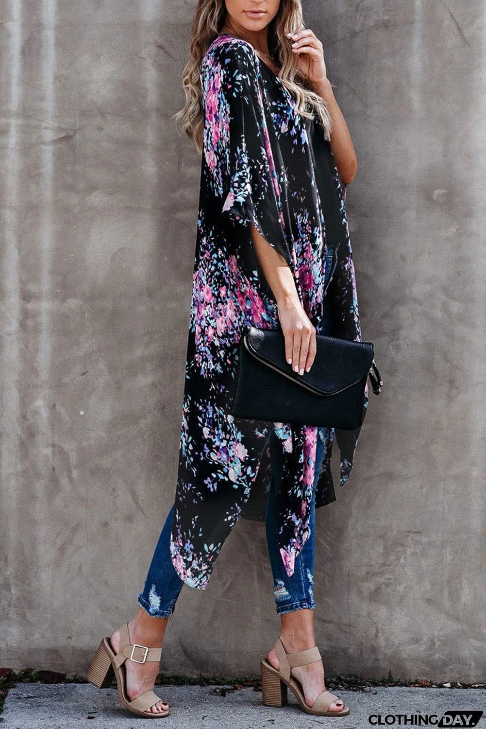 Floral Kimono Sleeves Chiffon Loose Beach Cover Up